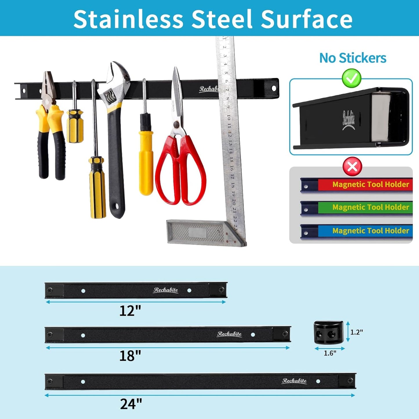 12" 18" 24" Magnetic Tool Holder Strip, Black Magnet Bar, Metal Tool Organizer Rack for Garage Organization, Easy To Install in Workshop, Mounting Screws Included