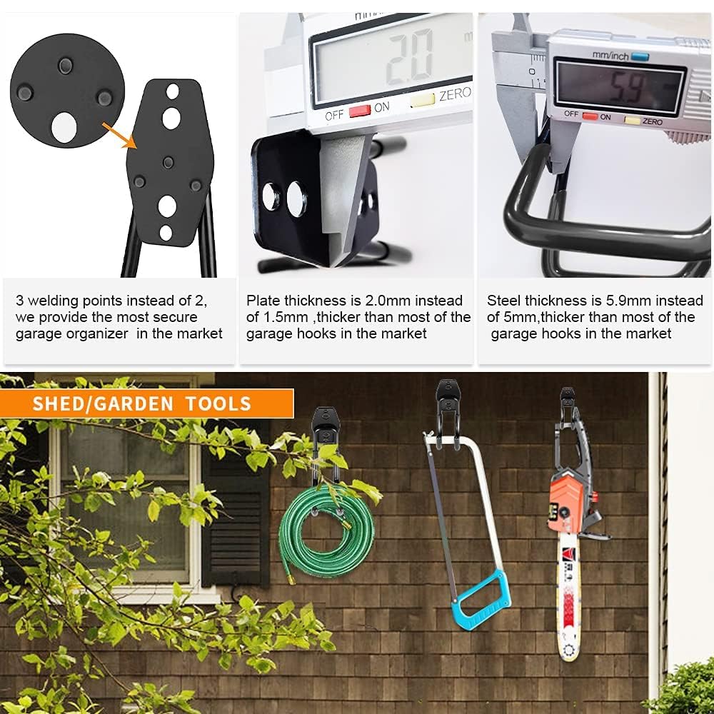 3-H Heavy Duty Garage Hooks [8 Pack] - 3-Round Welding Tech Holds 22lbs More - Thickened Steel Wall Mount for Ladders, Tools & Storage - Rustproof Utility Hardware
