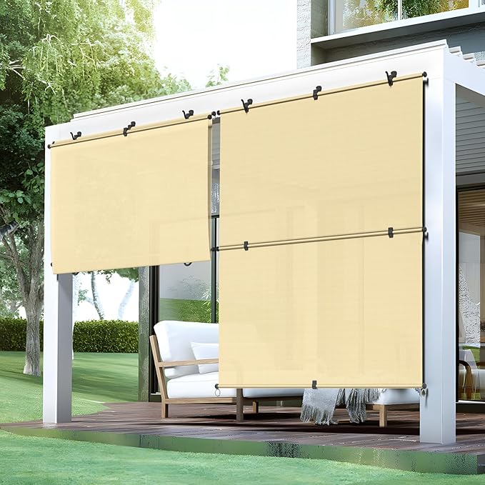 Bynbbur 5'W x 5'H Outdoor Patio Shades Foldable Roller Blinds, 220 GSM Sun Shade Roll Up Porch Screens Exterior Shade Cloth for Deck Pergola Backyard, Beige
