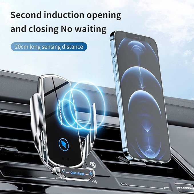 Wireless Car Charger Mount Automotive Electric Induction 15W Fast Charging Auto Clamping Car Phone Holder Mount Wireless Charging Mount Air Vent Phone Holde Compatible with All Android (Black)