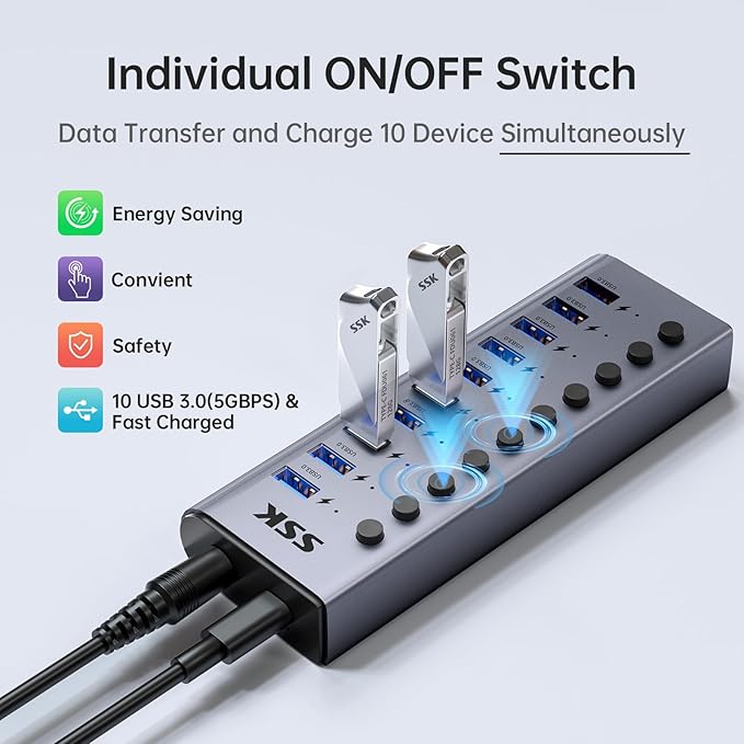 SSK 10 Port Powered USB 3.0 Hub, 60W Aluminium USB Charging Hub with DC 12V5A Power Adapter, Supports Simultaneous Fast Charge and 5Gbps Data Transmission,USB Extender Hub with 3.96ft/1.2m Long Cable