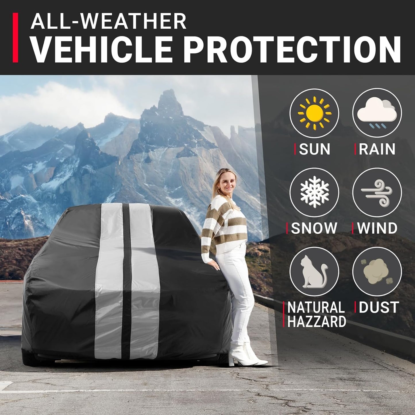 iCarCover Custom Car Cover for Pontiac Astre 2-Door, 4-Door (1975-1977) Waterproof All-Weather Rain Snow UV Sun Protector Full Exterior Indoor Outdoor Car Cover (Stripe - Black/Gray)