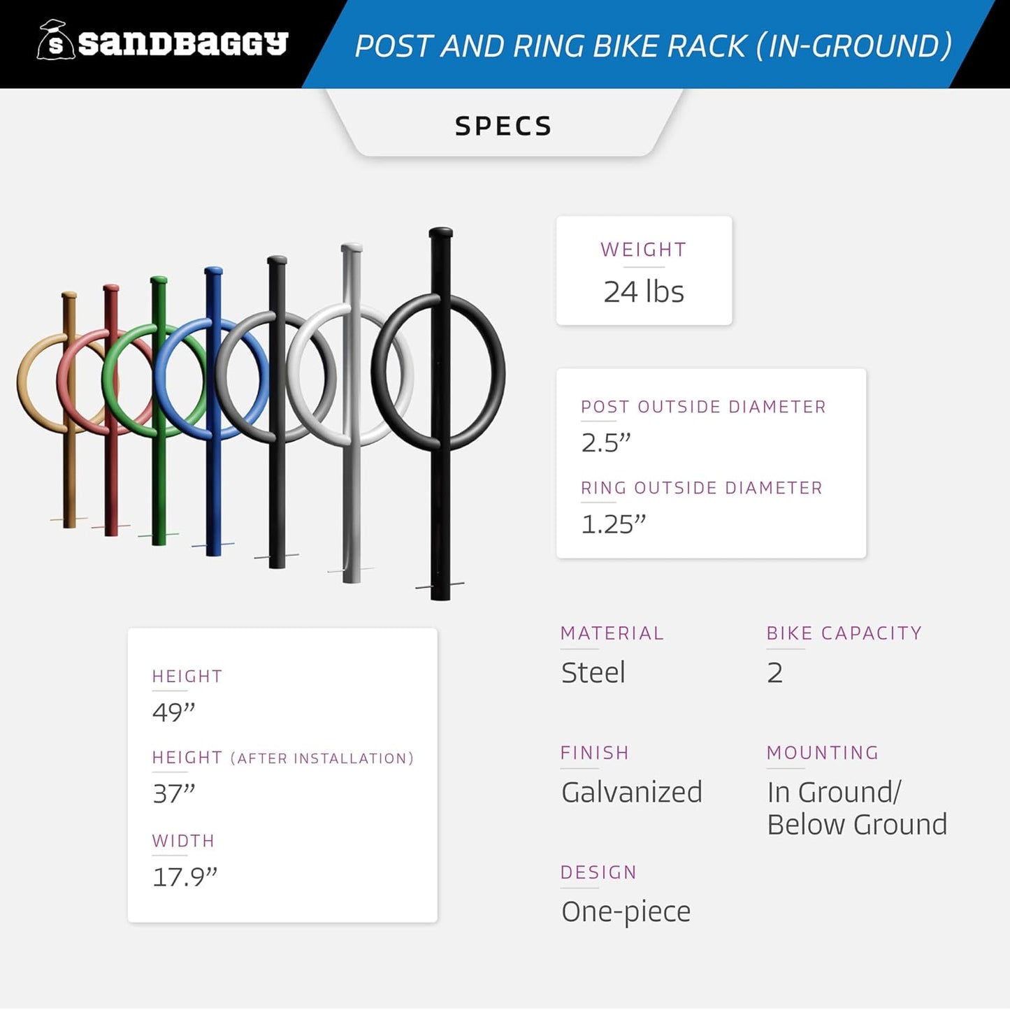 Sandbaggy Post and Ring Rack - In Ground - Commercial Outdoor Bike Parking & Storage Racks (Orange, 10)