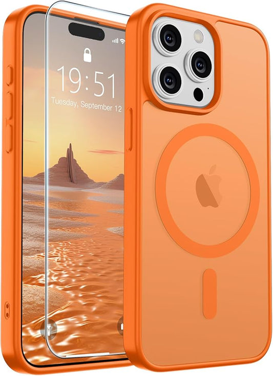 SUPFINE Magnetic for iPhone 15 Pro Max Case with Screen Protector (Compatible with MagSafe) (Military Grade Drop Protection) Translucent Matte Shockproof Phone Cover,Starry Orange