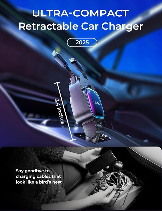 LISEN 96W Fast Charging Retractable Car Charger[USB C Cable & L Cable], 4 in 1 Retractable Car Charger Fast Charging Car Charger for iPhone 17 Pro Max 16 15 14 13, Samsung Galaxy S25/24,Black