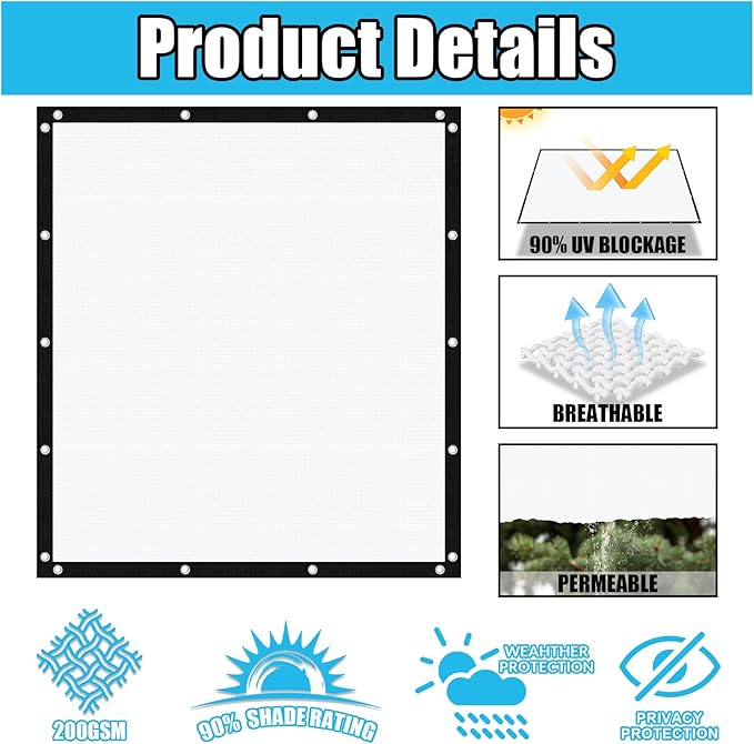Amagenix 90% Pergola Shade Cover 7' X 9' Sun Shade Cloth with Grommets for Outdoor Garden Patio Porch, Commercial Grade 200 GSM - Cable Zip Ties Included (We Customized) GN108, White