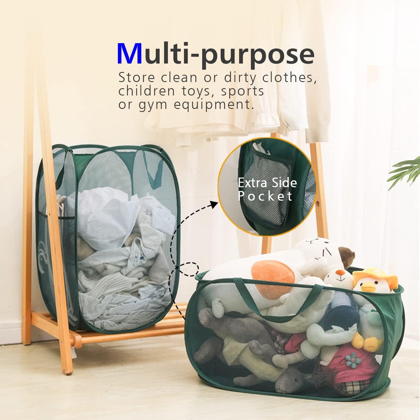 HONOMA Sturdy Mesh Laundry Hamper Basket Bag,Pop up Basket with Side Pocket for Laundry Room, Bathroom, Kids Room, College Dorm or Travel (Pop Vertical, Grey)
