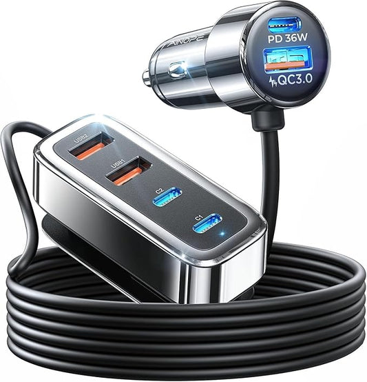 AINOPE 108W Multiple Ports Car Charger, Road Trip Essentials for Kids,Travel Essentials for Long Trips,6-Port USB C Cigarette Lighter Adapter Fast Charging for iPhone 17 16 15[+5FT Cable]Mother‘s Day