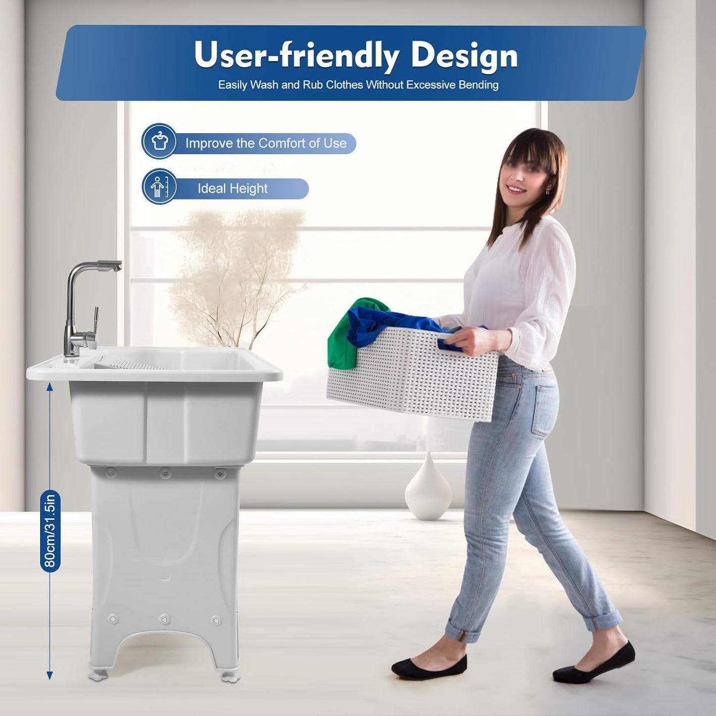 Freestanding Utility Sink Plastic Wash Station with Storage Shelf Indoor/Outdoor for Bathroom & Laundry (Gray, 25.6*21.65*31.5in)