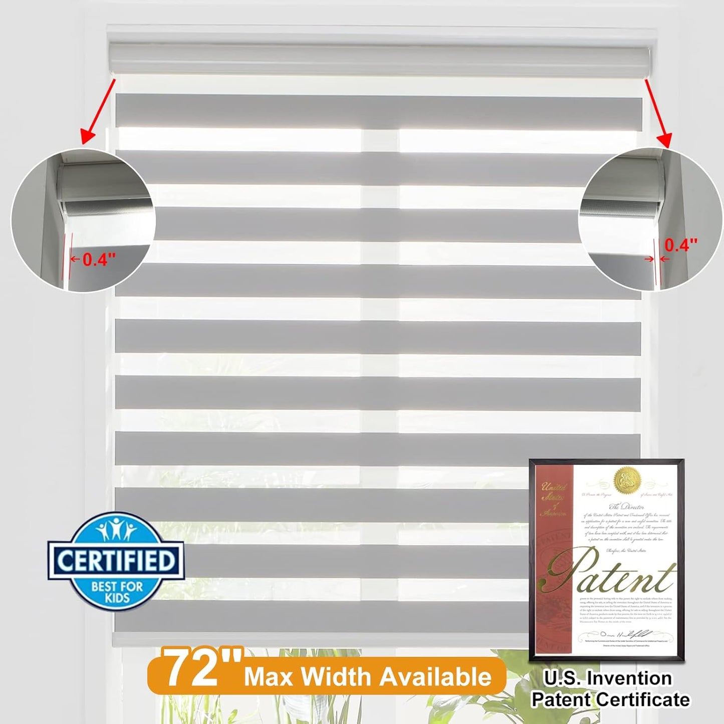 Persilux Cordless Zebra Shades (47" W X 72" H, Grey) Free-Stop Window Shades Dual Layer Light Control for Day and Night, Light Filtering Sheer Blinds for Windows, Easy to Install