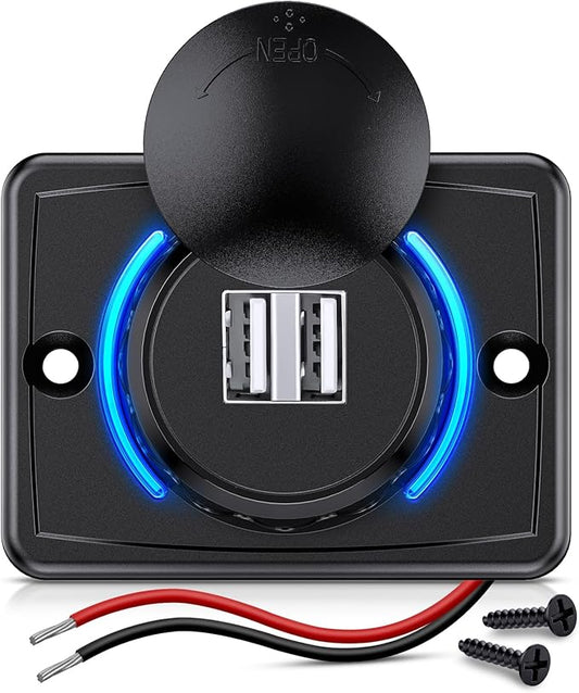 Nilight Quick USB Outlet Socket 12V 24V Dual USBs Connector 5V 4.8A Car Outlets with Waterproof Cover Rotating Cap LED Light for Cars Trucks Motorcycle RVs Campers