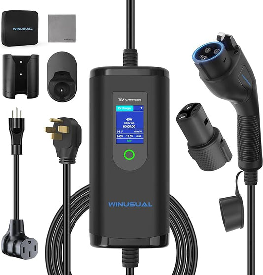 Level 1 and 2 EV Charger, Portable 40A Electric Car Charger with Adapter for Tesla, 110V-240V NEMA 14-50 & 5-15 Plug, 9.6kW EVSE with 25ft Cable
