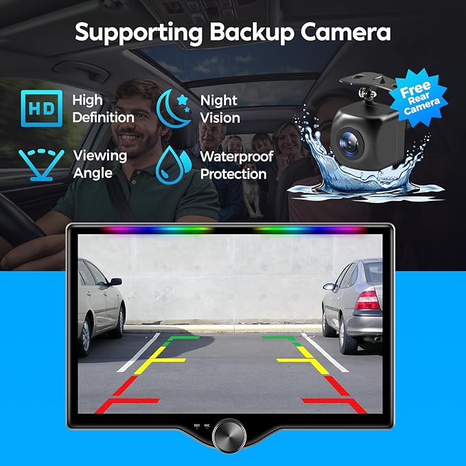 10.1" QLED Double Din Car Stereo with Wireless Carplay & Android Auto, Music Sync Luminous Bar, SWC, Bluetooth, Backup Camera, 240W, Dual Subwoofer Output, Car Radio, Navigation, FM/AM