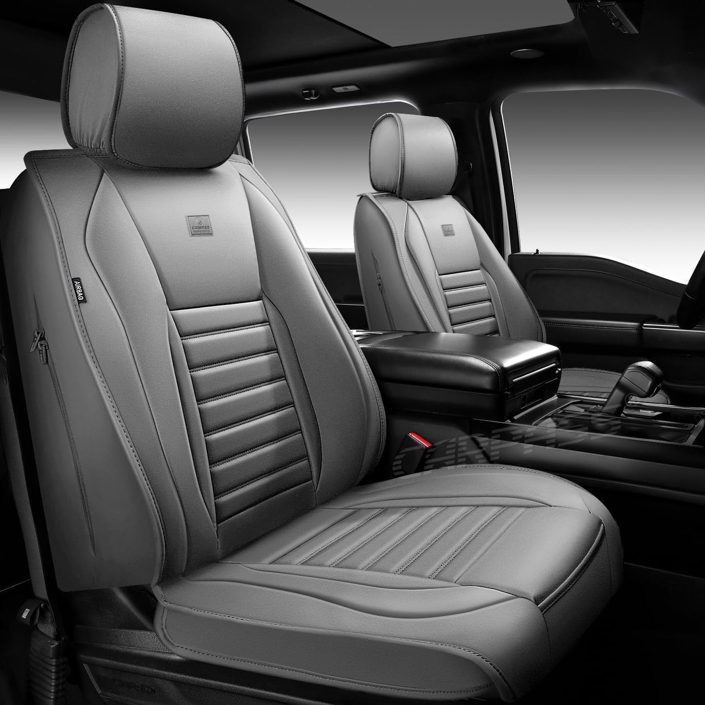 CAR PASS Nappa Leather Car Seat Covers Full Set, Luxury Seat Protector for Cars, Waterproof Anti-Slip Car Seat Cushion Armrest Compatible Airbag Universal for Sedan SUV Pick-up Truck Automotive, Gray
