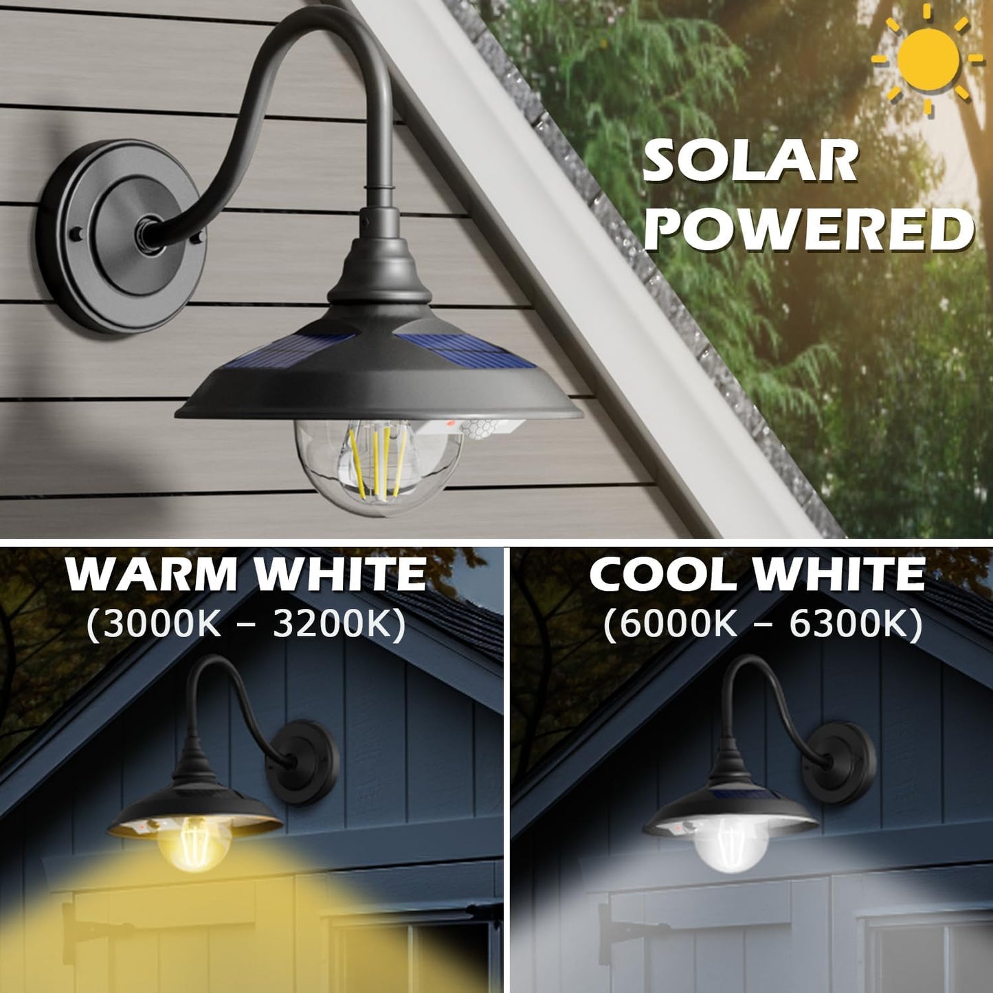 SIEDiNLAR Solar Barn Light Outdoor 3 Modes 2 Lighting, Aluminum Gooseneck Wall Light Vintage Farmhouse Waterproof with Remote & Motion Sensor for Barn Garage Shed Chicken Coop Porch Black (1 Pack)