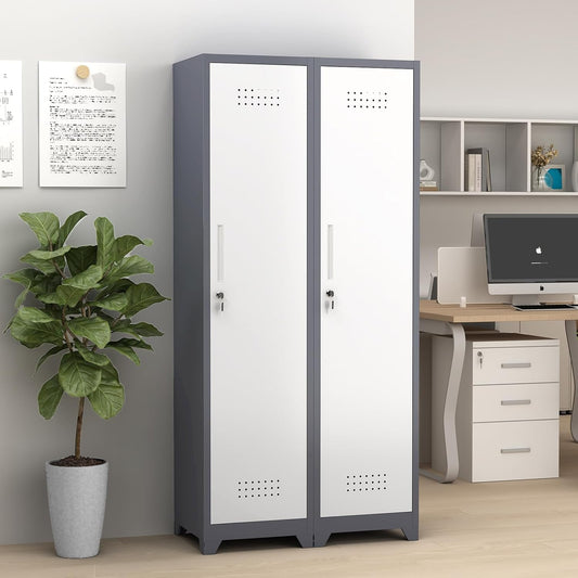 GREATMEET Slim Lockable Garage Storage Cabinet, Narrow Broom Storage Closet, 65" Metal Cleaning Tool Cabinet with Lock and Door,Utility Cabinets for Brooms and Mops for Laundry Room, White&Grey