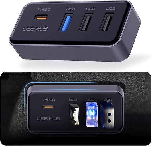 USB Hub for Tesla Model Y Juniper 2025 2026 Model 3 Highland 2024 2025, Glove Box USB 3.0 Expander with 1 USB C & 3 USB A Port Docking Station for Dashcam Flash Drive Data Transfer Game Music