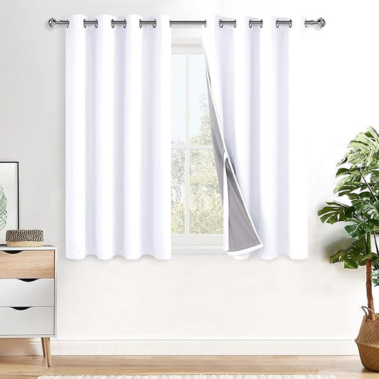 XWZO 100% Blackout Curtains with Tiebacks- 2 Thick Layers Completely Shaded Window Treatment Thermal Insulated Lined Drapes with Grommets for Bedroom/Laundry Room, White, W52 x L45, Set of 2 Panels
