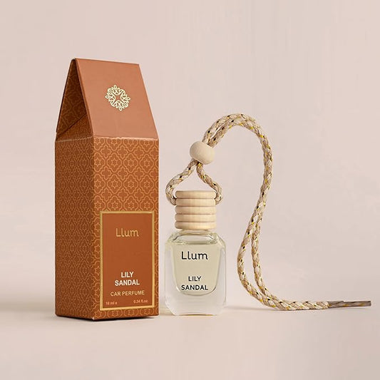 Llum Lily Sandal Hanging Car Air Freshener – Luxury Automotive Perfume Diffuser 10ml (0.34 fl oz), Long-Lasting Fragrance, Alcohol-Free Non-Toxic Car Scent, Glass Bottle With Wood Cap & AC Vent Clip