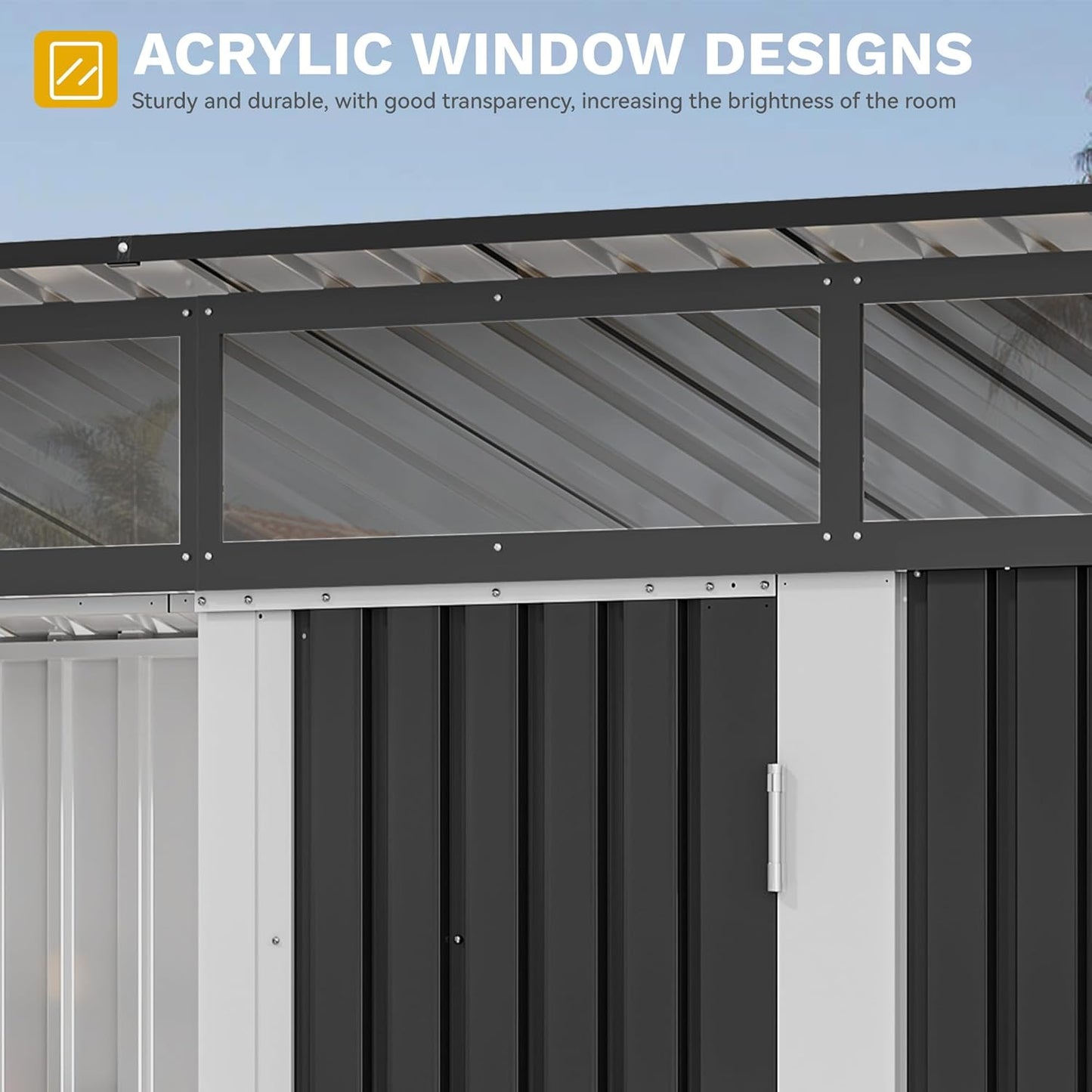 DWVO 9x4 FT Outdoor Storage Shed with Acrylic Windows, Utility Tool Shed Metal Storage Garden Shed with Door & Lock for Bike Storage, Waterproof Trash Shed for Backyard Garden Patio, Dark Dray
