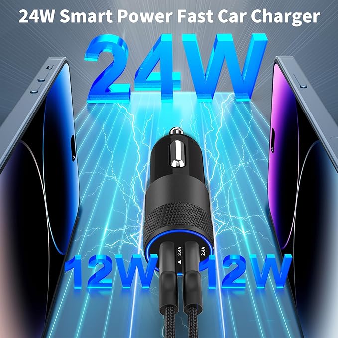 【MFi Certified】iPhone Car Charger Fast Charging, Rombica 4.8A Dual USB Smart Power Cigarette Lighter USB Car Charger with 2Pack Lightning Braided Cable for iPhone 14 13 12 11 Pro XS Mini XR X SE iPad