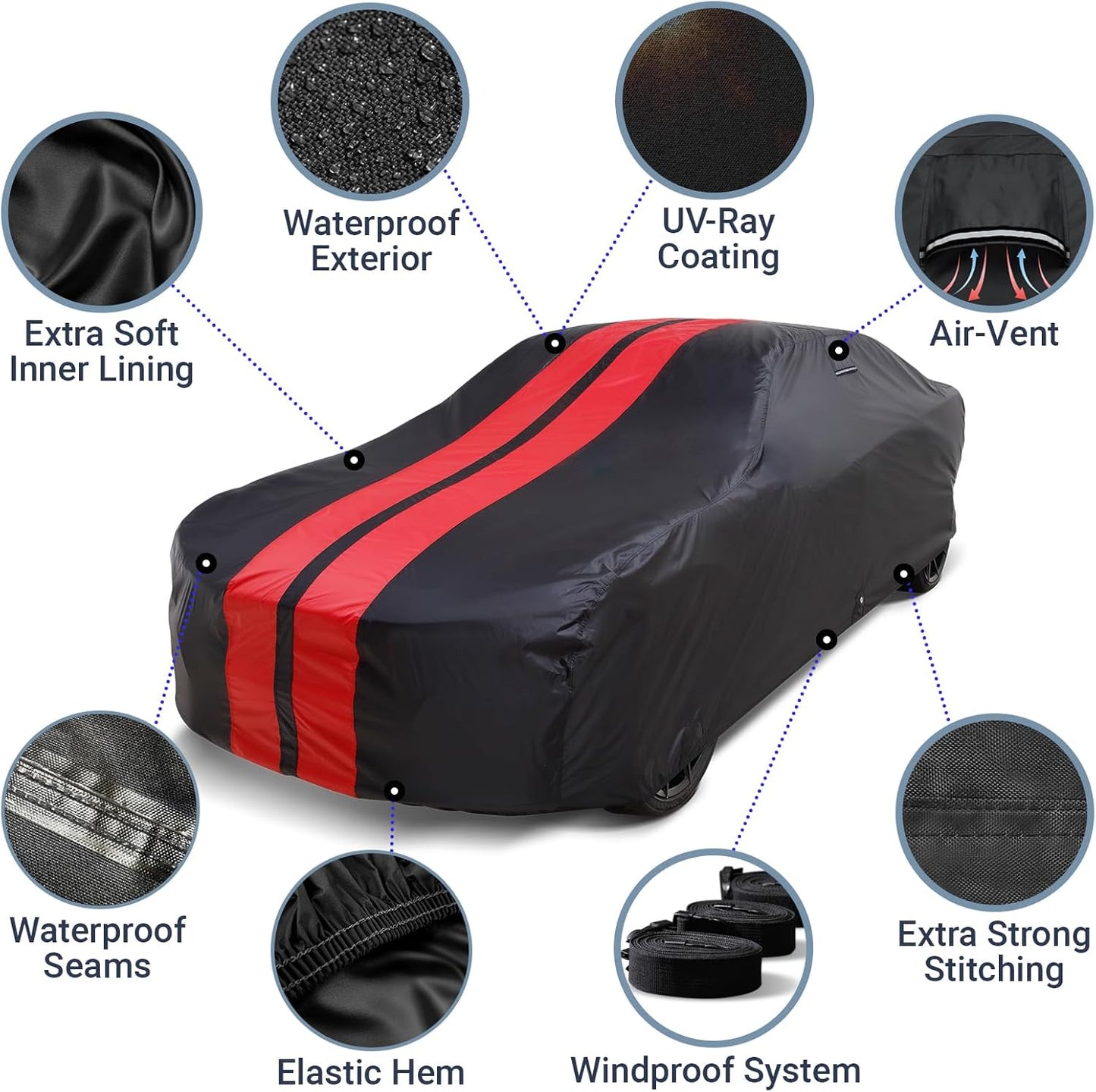 iCarCover Custom Car Cover for Chevy Monza 2+2, Hatchback (1975-1981) Waterproof All Weather Rain Snow UV Sun Protector Full Exterior Indoor Outdoor Car Cover (Stripe - Black/Red)
