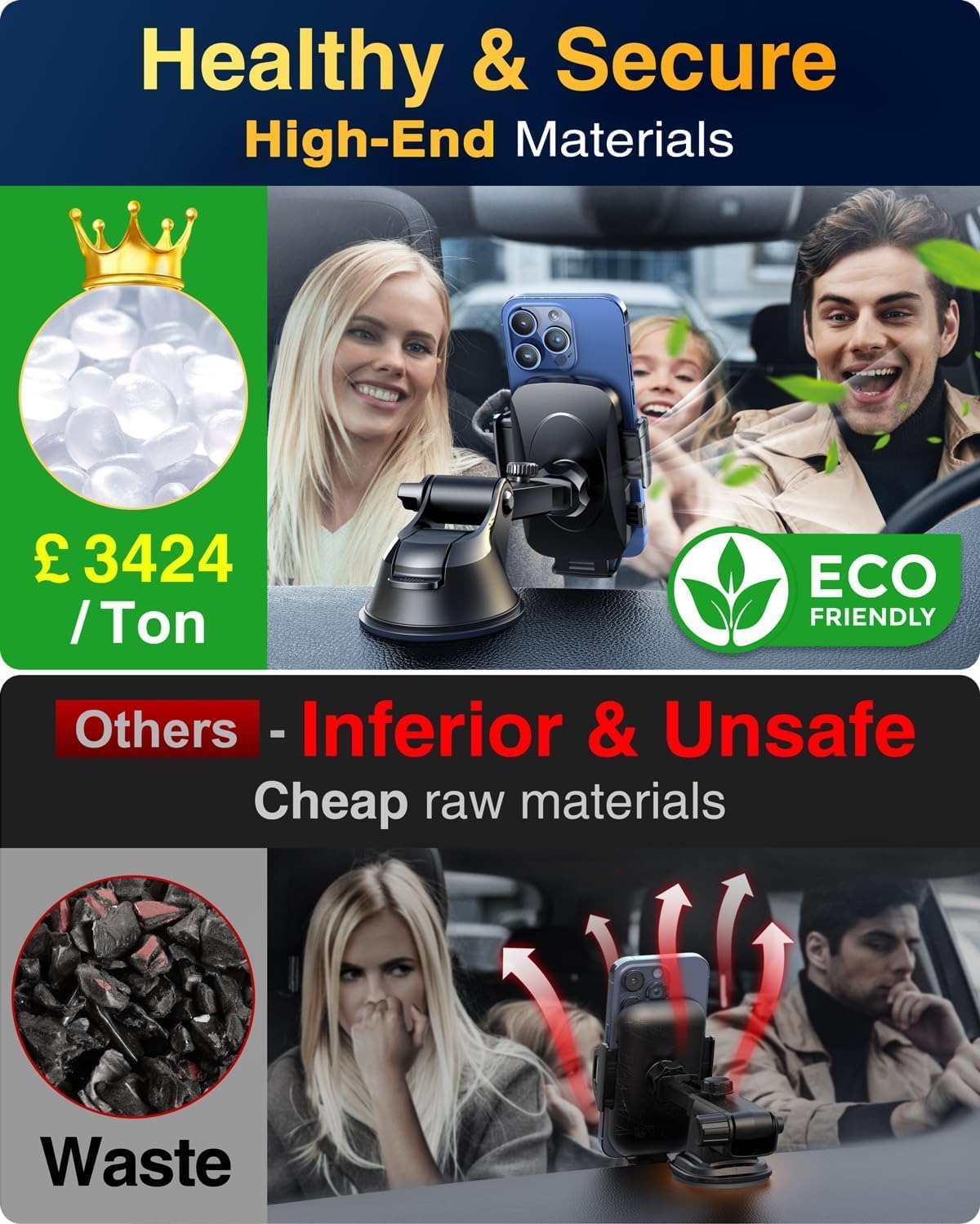 [True Military-Grade & 360 Degrees Rotatable Suction] 2025 YRU Ultimate Car Phone Holder Mount 【90+LBS Safest Strongest&Patent Cert】Dashboard Windshield Vent for iPhone 16 15 Pro Max Samsung,Jet Black