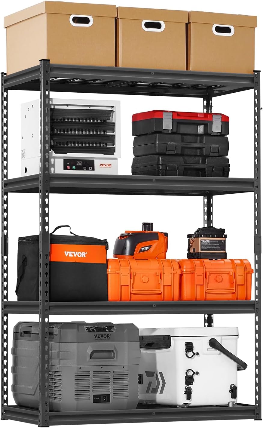VEVOR Storage Shelves, 2400 lbs, 4 Tier Heavy Duty Garage Shelving, 20" D x 40" W x 60" H Adjustable Metal Shelves for Industrial Shelving Unit Utility Shelf, for Kitchen, Warehouse, Basement, Black
