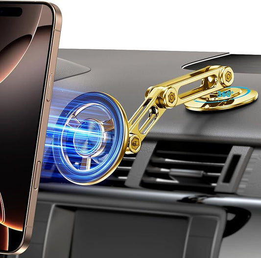 Ultra Magnetic Long-Arm Phone Holder Stand, Fits for MagSafe Car Mount Bracket【Windshield+Vent+Dash】, 360° Rotation Adjustable Strong Magnets Car Mount Desk Office Phone Cradle Holder, Gold