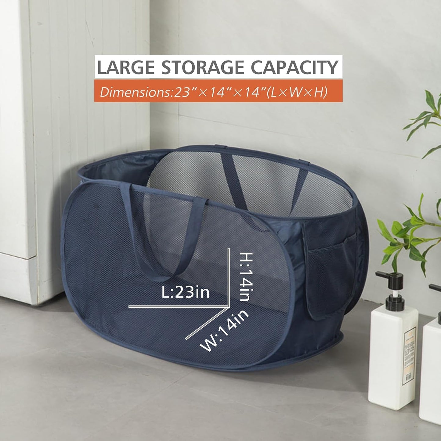 HONOMA Sturdy Mesh Laundry Hamper Basket Bag,Pop up Basket with Side Pocket for Laundry Room, Bathroom, Kids Room, College Dorm or Travel (Pop Horizontal, Beige)