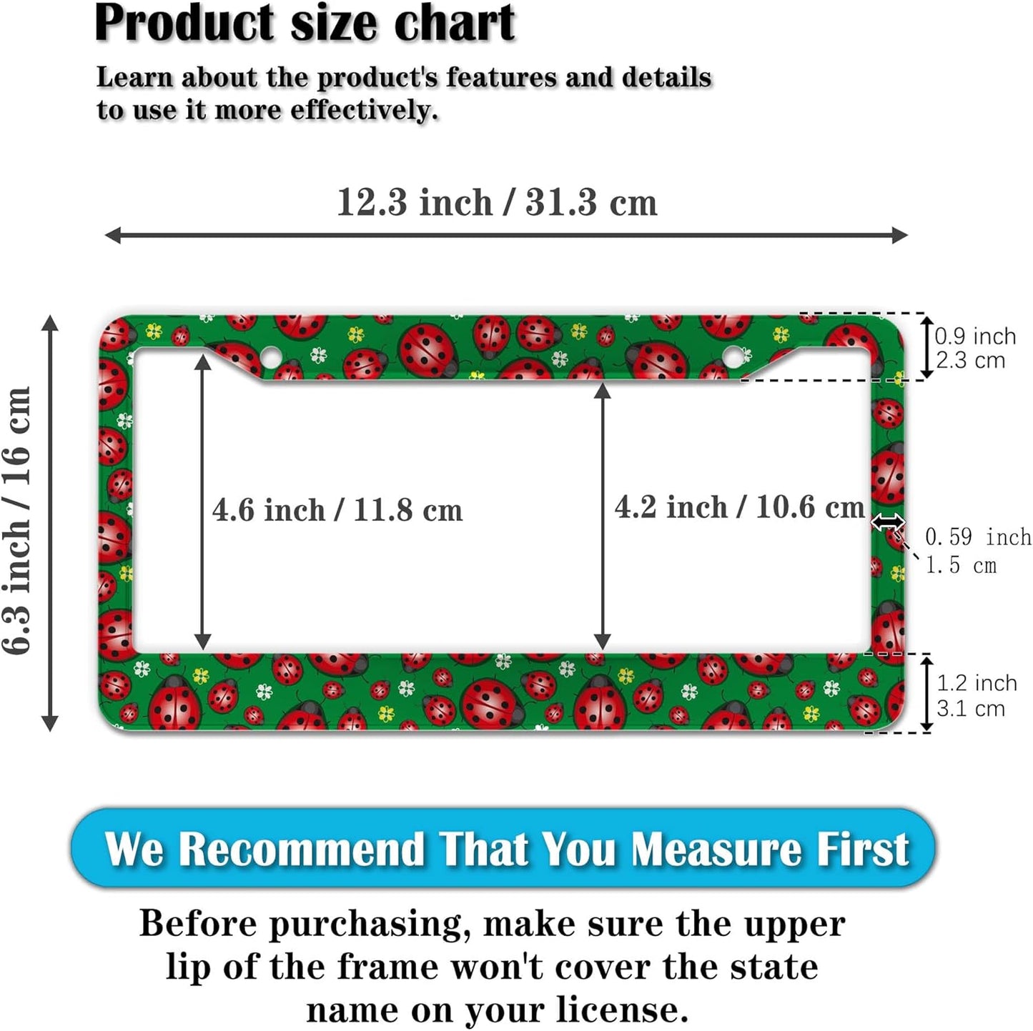 License Plate Frame Red Green License Plate Protector Cute Ladybug and Flowers Universal Aluminum Car Accessory 2 Pack with Screw Covers Set
