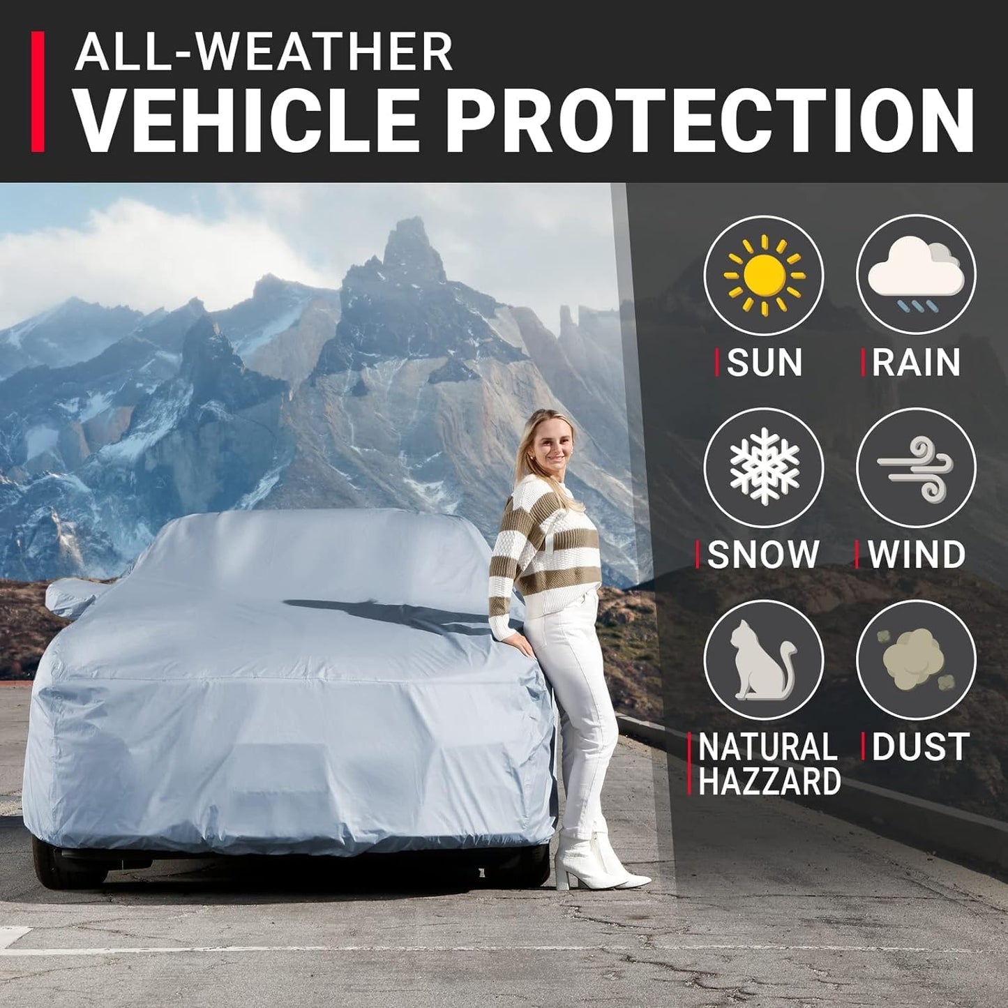 iCarCover 18-Layer Car Cover Waterproof All Weather, Premium Quality Car Covers for Automobiles, UV Protection, Ford Mustang, Camaro, XK, 4-Series, M4, Supra, Thunderbird, Fits 184-188 Inches