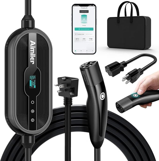 AIMILER Level 1/2 Tesla Charger, 16A, 25ft Cable ETL Certified, 240V NEMA 6-20P Plug & 110V 5-15P Adapter Cable, Portable Electric Car EV Charger for Tesla Models Y/X/3/S or Other Nacs EVs (Black)