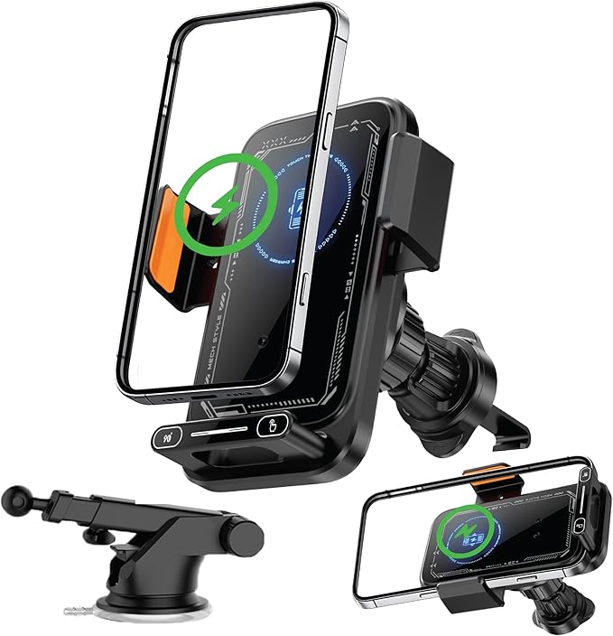15W Wireless Car Charger & Auto Rotating Car Phone Holder MagSafe Compatible with LED Lights, Gesture Control Clamping, Auto Arm Opening, Built-In Battery, Dual Mount Options for Vent or Dashboard