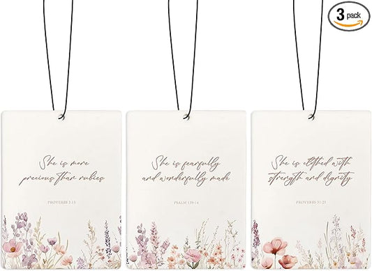 Pink Floral Christian Car Air Freshener, Bible Verses Air Freshener Hanging 3 Pcs for Cars Closet Drawer or Books, Religious Christian God Car Accessories Mirror Decor for Women