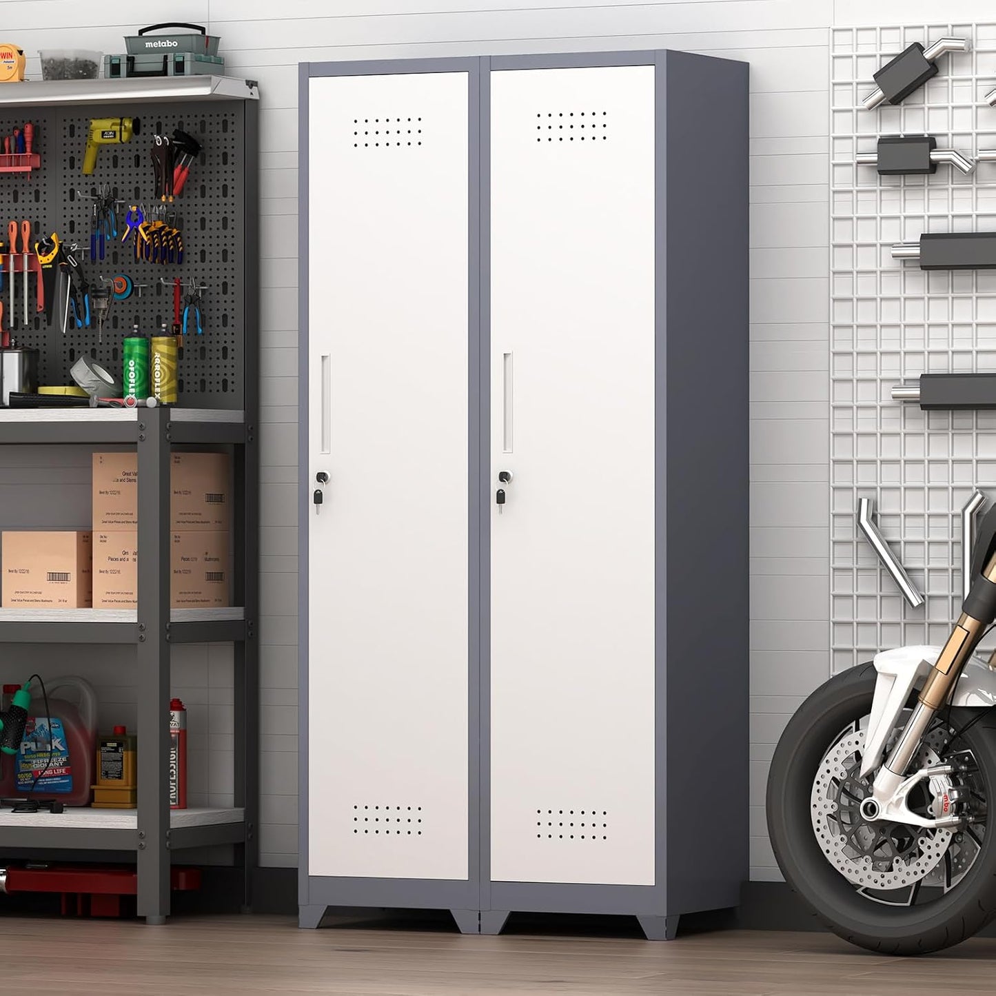 GREATMEET Slim Lockable Garage Storage Cabinet, Narrow Broom Storage Closet, 65" Metal Cleaning Tool Cabinet with Lock and Door,Utility Cabinets for Brooms and Mops for Laundry Room, White&Grey
