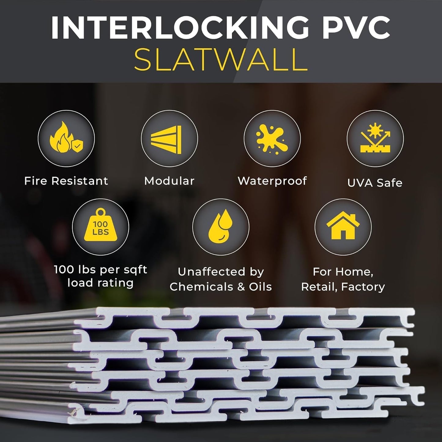 Slatwall Panel Garage Wall Organizer: Heavy Duty Wall Mounted PVC Wall Rack, Interlocking Slat Wall Paneling for Garage Wall Storage, Slatwall Board, Slatwall Shelves System -Black (4’H x 8’W)