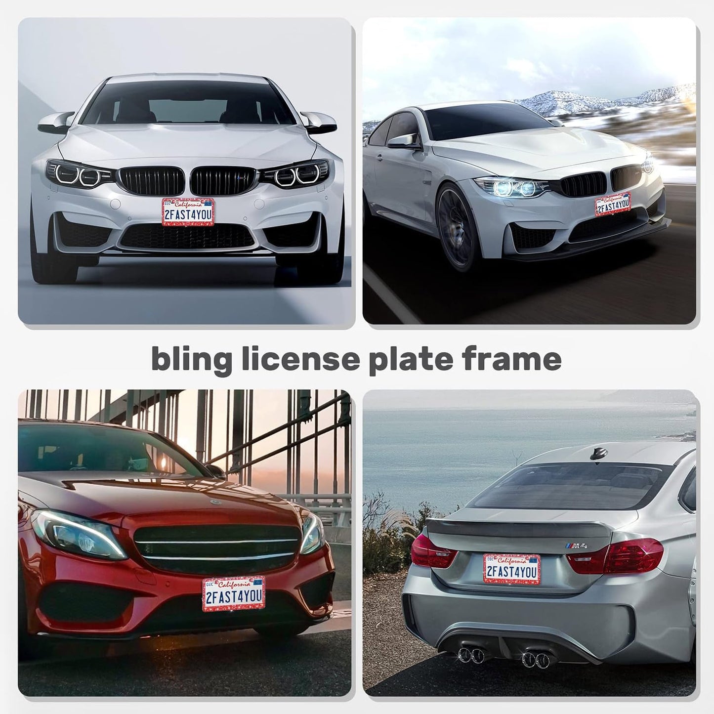 2 Pack License Plate Frames for Women, Sparkly Rhinestone Diamond Car Accessories with Glitter Crystal Caps (Red(2PCS))