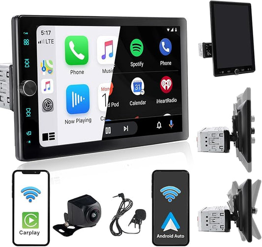 Single Din Car Radio Touchscreen (10.4" Rotatable) Compatible with Apple CarPlay [Wireless] Android Auto Car Stereo Bluetooth USB AUX SD Backup Camera