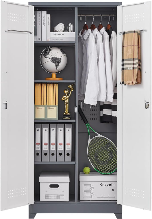 GREATMEET 72.8" Broom Storage Cabinet, Utility Cabinets for Brooms and Mops, Metal Storage Cabinets for Cleaning Supplies, Utility Closet for Garage, Grey&White