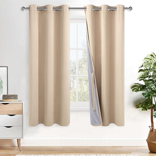 XWZO 100% Blackout Window Curtains with Tiebacks- Privacy Protection & Noise Blocking Window Draperies Grommet Top with Black Liner for Bedroom/Living Room, Biscotti Beige, W38 x L72, Set of 2 Panels
