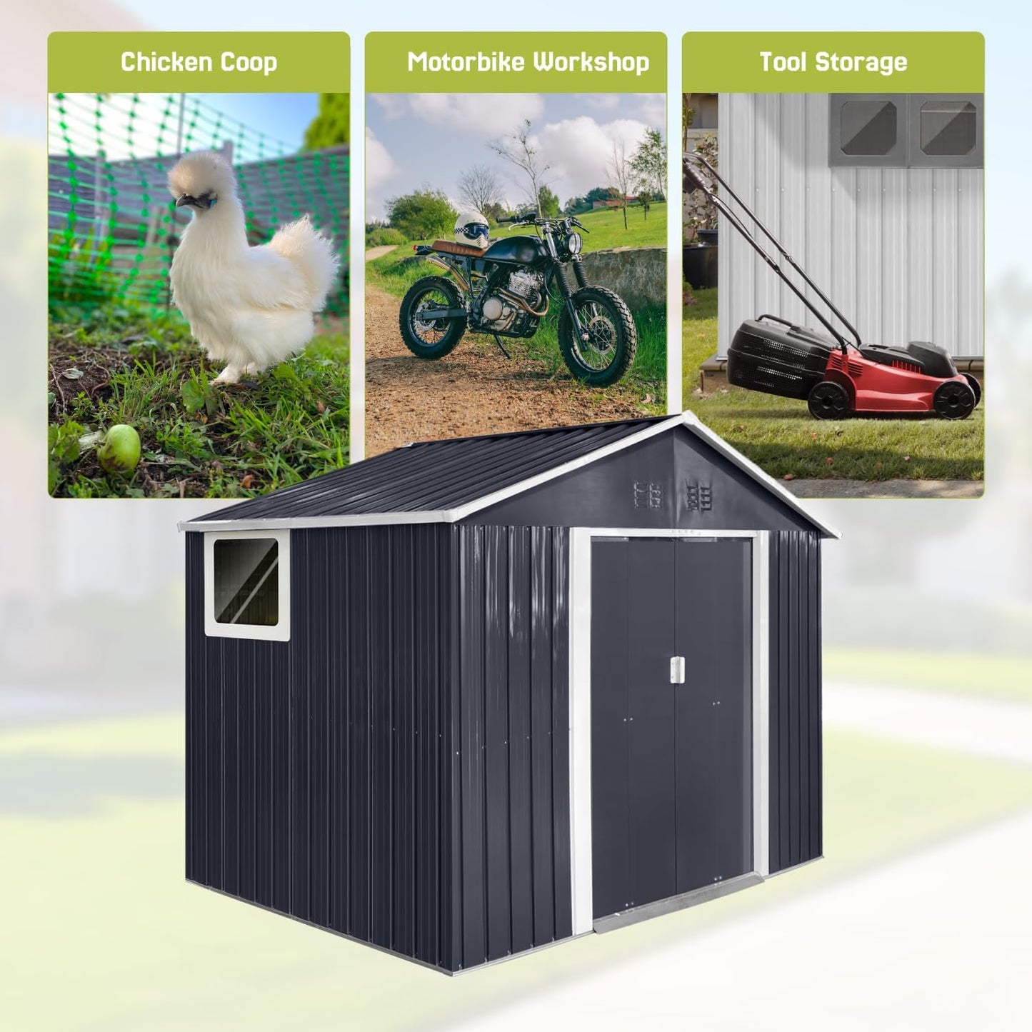 9 x 6.4 Ft Outdoor Storage Shed, Heavy-Duty Metal Shed with Windows & Secure Lockable Doors, Ideal Storage Shed for Outdoor, Patio, Garden, and Backyard, Anthracite