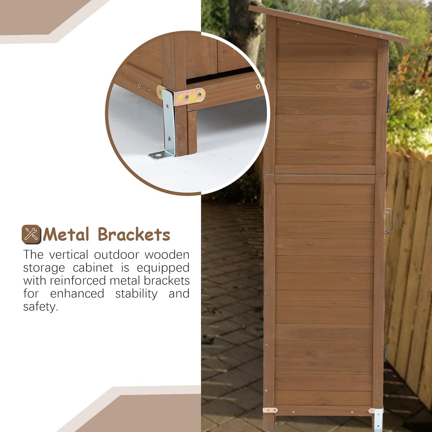 56" L x 19.5" W x 64" H Tall Outdoor Wooden Storage Shed with Lockable Doors, Waterproof Asphalt Roof, Removable Shelves for Garden Tools,Yellow Brown