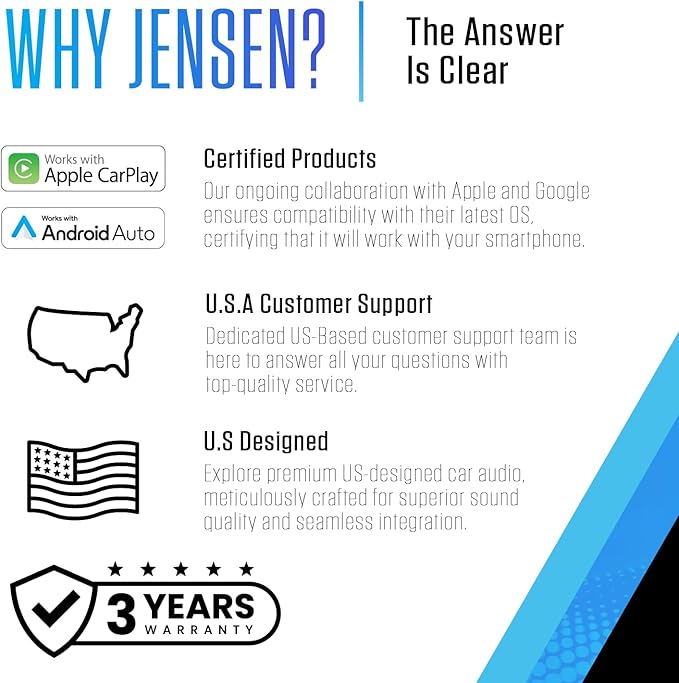 Jensen J1CA8FL 8-inch Certified Apple CarPlay Android Auto Wired or Wireless | Single DIN and Double DIN Touchscreen Car Stereo Radio | Bluetooth | Front and Rear Camera Inputs | USB Playback & Charge