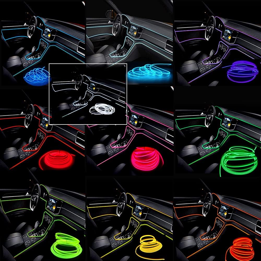 El Wire Yellow Interior Car LED Strip Lights, 5M Neon Wire USB 5V with Fuse Protection for Automotive Interior Decoration, with 6mm Sewing Edge