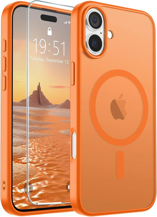SUPFINE Magnetic for iPhone 16 Case with Screen Protector (Compatible with MagSafe) (Military Grade Drop Protection) Translucent Matte Shockproof Phone Cover,Starry Orange