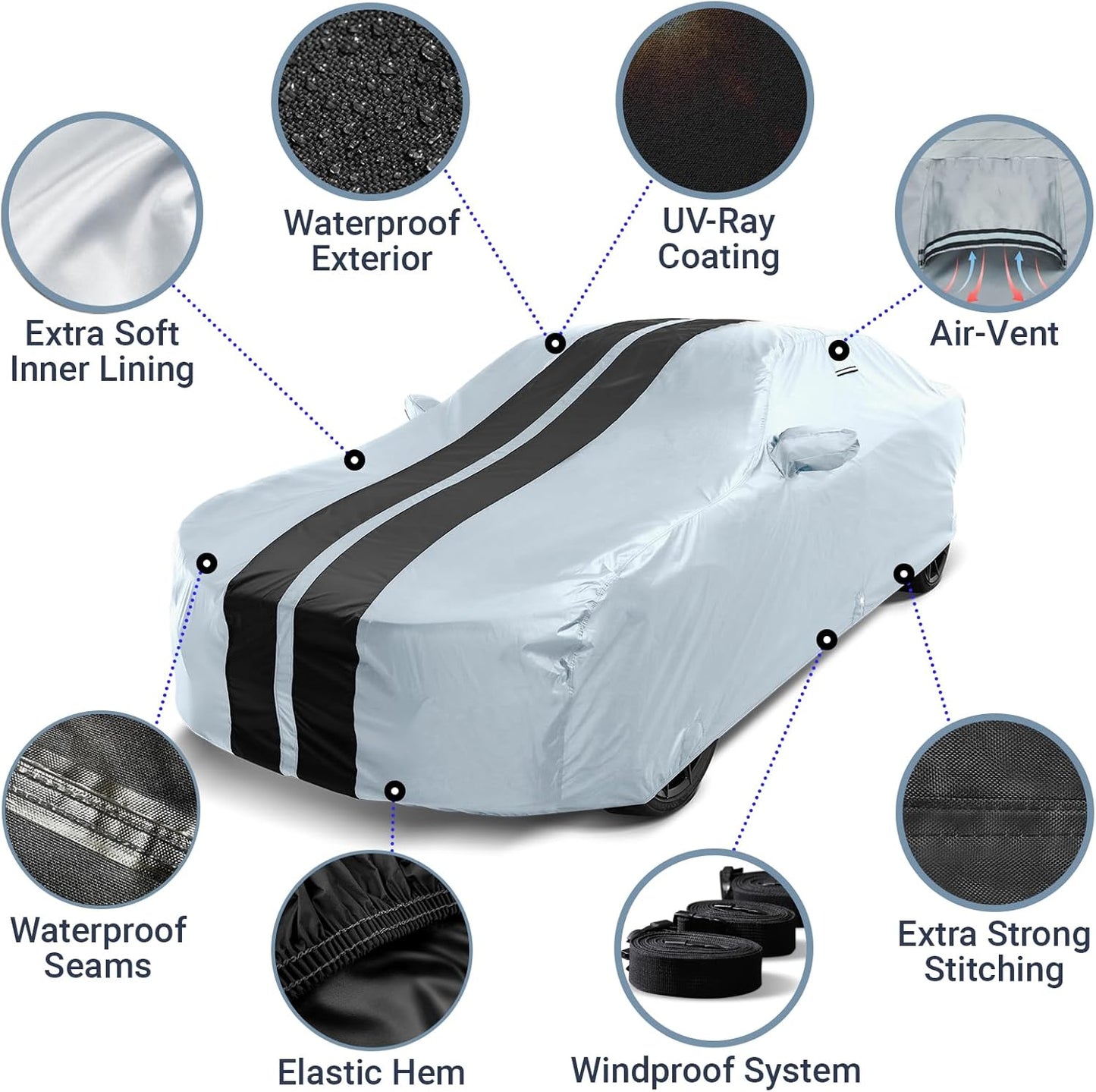 iCarCover Custom Car Cover for Buick Cascada (2016-2019) Waterproof All-Weather Rain Snow UV Sun Protector Full Exterior Indoor Outdoor Car Cover (Stripe - Gray/Black)