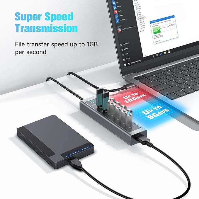RSHTECH 7-Port USB C Hub Splitter 10Gbps with 3 USB-3.2 (2C + 1A), 4 USB-3.0 Ports and 2ft Long Cable, Aluminum USB-C Hub Multiport Adapters for Laptop and More, RSH-T17C