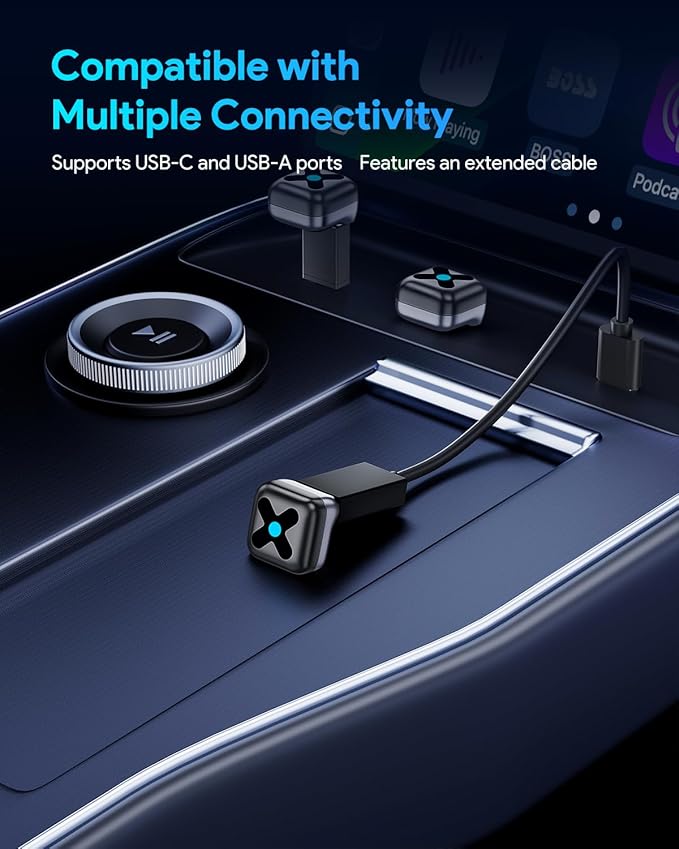 Ultra Mini Android Auto & Carplay Wireless Adapter UK, Latest A9 Chip 5.8GHZ WiFi, 5.4 Bluetooth, 3-5s Auto Connect, USB-C/USB-A/Extension Cable, Compatible with iOS10+, Android 10+, CE/ROHS/FCC