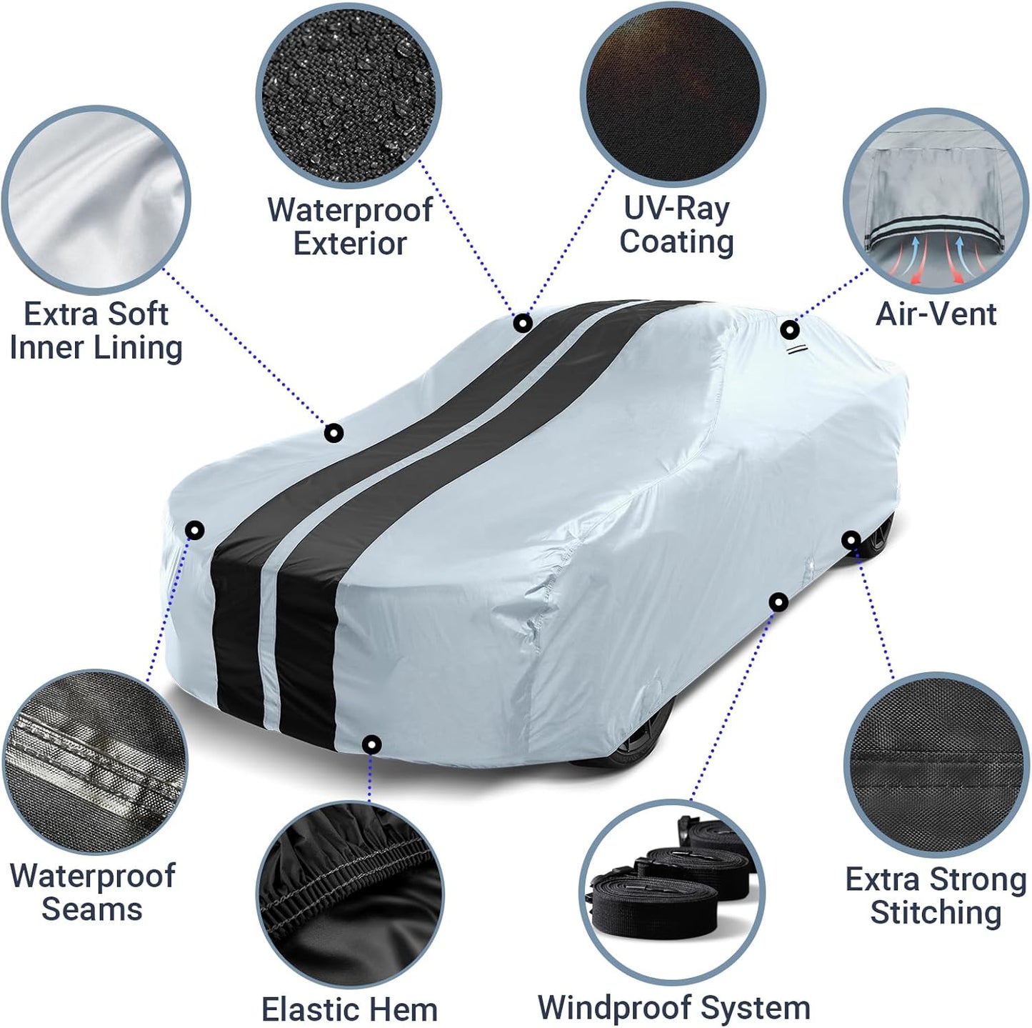 iCarCover Custom Car Cover for Chevy Impala 2-Door, 4-Door (1958-1971) Waterproof All Weather Rain Snow UV Sun Protector Full Exterior Indoor Outdoor Car Cover (Stripe - Gray/Black)